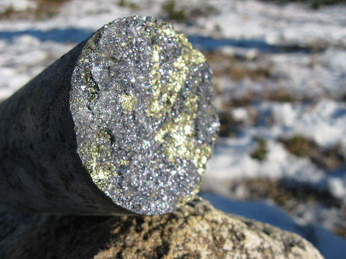 Drill core mineralized with molybdenite and chalcopyrite, BC